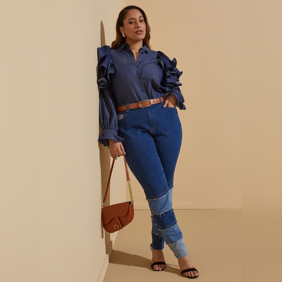 NWT SIZE 24 (3X) ASHLEY STEWART Ruffled Denim Shirt - Picture 4 of 6